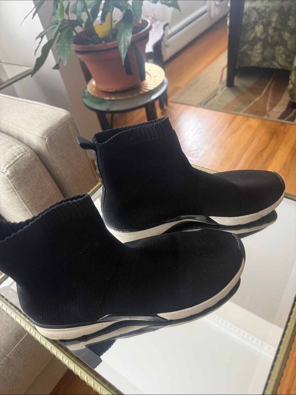 Zara Black Knit Sock Sneaker Boots with White Trim